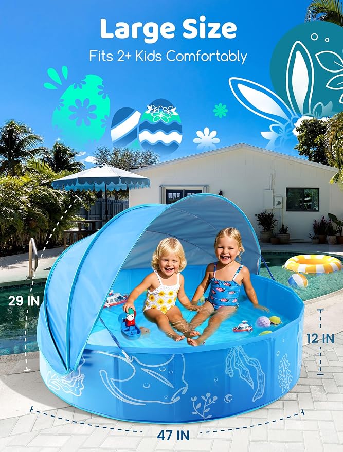 Hikiddy Foldable Kiddie Pool with Canopy, 47in, Blue-Blue | Summer Water Play Pool with Removable Shade - for Baby Toddler Kids Pets - Portable for Outdoor Backyard Beach