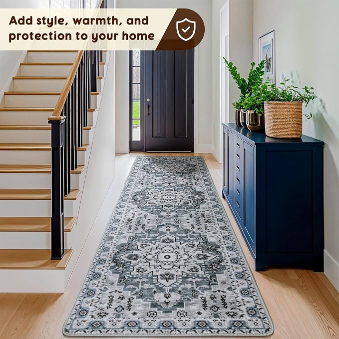 LBRO2M Machine Washable Rug Soft Pet Friendly Carpet 2X10 Dusty Blue | Persian Runner Rug 2X10 for HallWay, Bedroom, Kitchen, Laundry Room, Non Slip Carpet, Foldable Stain Resistant Rugs