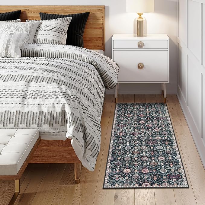 Lahome Moroccan Kitchen Runner, 2x5 Rug Runners for Hallways Non Slip | Laundry Room Rug Trellis Ultra-Thin Washable Vintage Carpet for Bedroom Bathroom Elise, Black/Multi