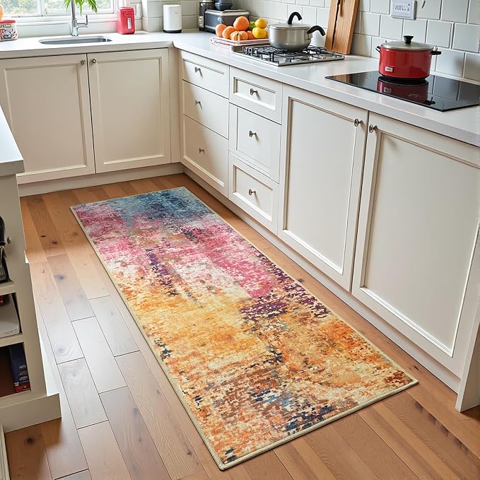 Colorful Washable Runner Rug for Bedroom, Abstract Non-Slip Soft Entryway Rugs, Modern Low Pile Stain Resistant 2x6 Carpet for Entryway, Kitchen, Hallway, Bedside