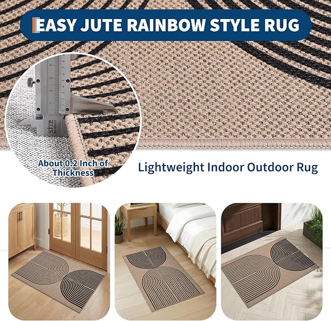 GarveeHome Modern Rainbow Easy Jute Entryway Rug 2x3 for Indoor Outdoor Front Door Mat Neutral Non Slip Non Shedding Washable Carpet Farmhouse Kitchen Mat