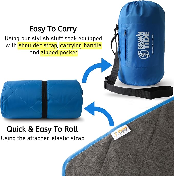 BRAWNTIDE Large Waterproof Outdoor Blanket, Extra Thick Fleece, Warm, Windproof & Sandproof, Quilted Stadium Blanket for Sports Events, Beach, Camping, Picnics, Dogs & Car, 82" x 55