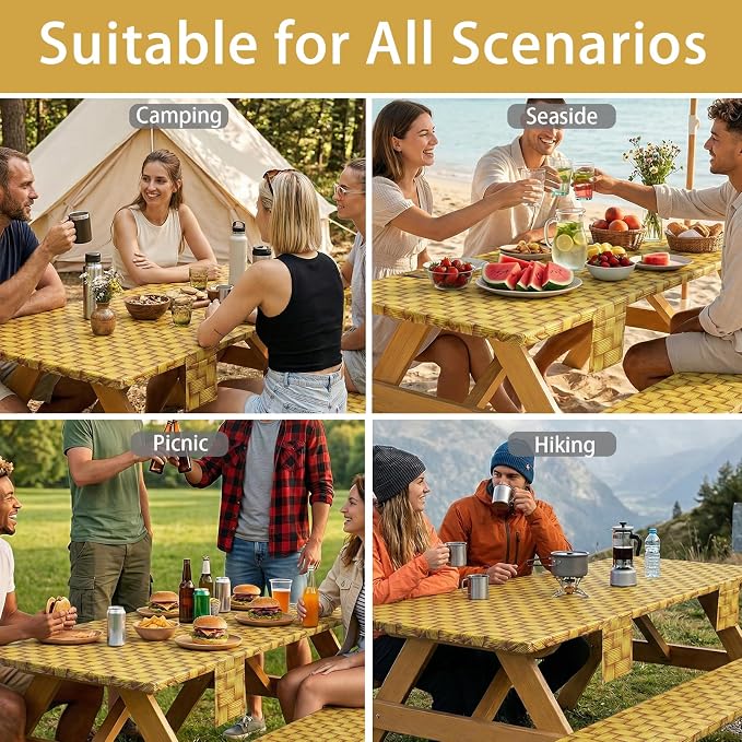 Fitted Picnic Table Cover with Chair Covers Elastic Water Resistant Camping Tablecloth for 8 Foot Rectangle Tables Garden Patio Outdoor Organization Road Trip Hiking Motorhome Essential Gift