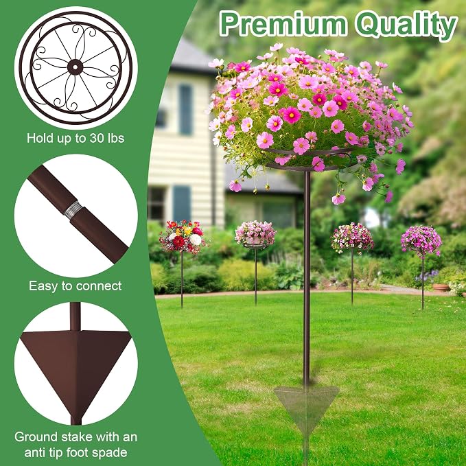 Tellingyou 4 Pack Adjustable Outdoor Flower Pot Stand, Metal Outdoor Plant Stands, Spring Summer Versatile Plant Stand Garden Stake for Display Plants, Elegant Solution for Landscaping Decor (Brown)