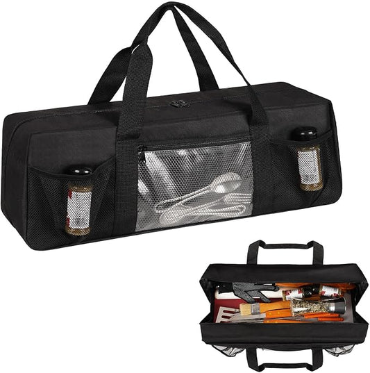 Grill Tool Storage Bag, Large Grill Utensil Storage Caddy with Pockets, Portable Grill Accessory Storage Bag for Outdoor Camping & BBQ (Black)