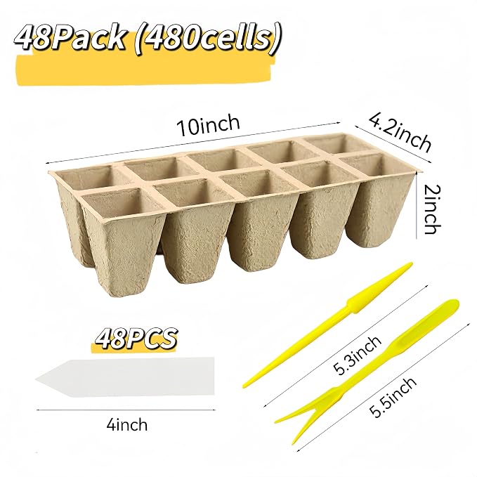 480 Cells Seed Starter Tray, 48 Pack Biodegradable Peat Pots with 48 Plant Labels, Organic Seed Starting Trays kit
