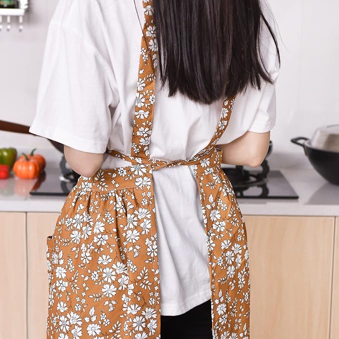 Pinknoke Vintage Pinafore Apron Dress for Women with Pockets Cute Floral Chef Aprons for Kitchen Cooking Baking Gardening