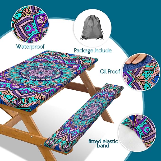 Picnic Table Cover with Bench Cover, Boho Table Covers with Elastic Waterproof Camping Tablecloth with Drawstring Bag, Outdoor Travel Rv Patio Camping Essentials, 96In 3PCS
