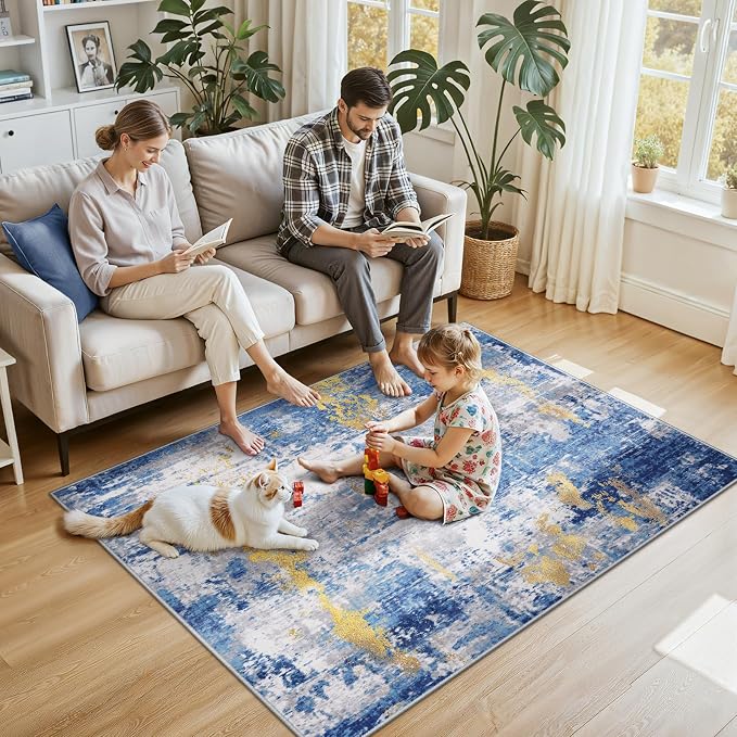 RELEANY Washable 4'x6' Abstract Area Rug for Living Room Blue Gold | Carpet for Bedroom, Kitchen, Office, Hallway and Entryway, Printed Pattern, Non‑Slip, Soft, Stain‑Resistant, Easy to Clean