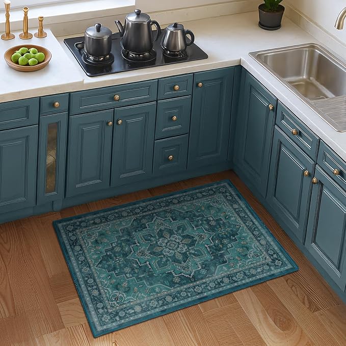Teal 2x3 Washable Kitchen Rugs Non Slip, Boho Ultra Thin Door Mats Indoor Entrance, Vintage Medallion Classic Entryway Rug, Low Pile Small Rug for Inside Entry/Foyer/Bathroom/Bedside