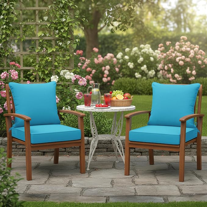 Summsun Outdoor Backrest and Deep Seat Cushion Set, Waterproof Fade Resistant Patio Chair Furniture Cushion with Removable Cover, 22 x 22 Inch, Teal, Set of 2