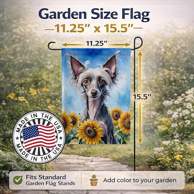 Caroline's Treasures DAC6053GF Chinese Crested in Sunflowers Garden Flag Mailbox Flag Decorative Yard Flag Banner Outside Patio Artwork Yard Flower Beds, Garden Size, Multicolor