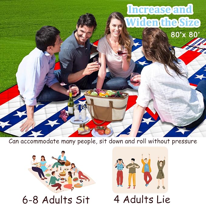Poedist Extra Large Picnic Blanket Waterproof,80"x 80"Foldable Machine Washable Beach Blanket,Outdoor Blanket for 6-8 Adults, for Indoor Crawling,Park Beach,Camping,Hiking,Family Travel(Patriotism)
