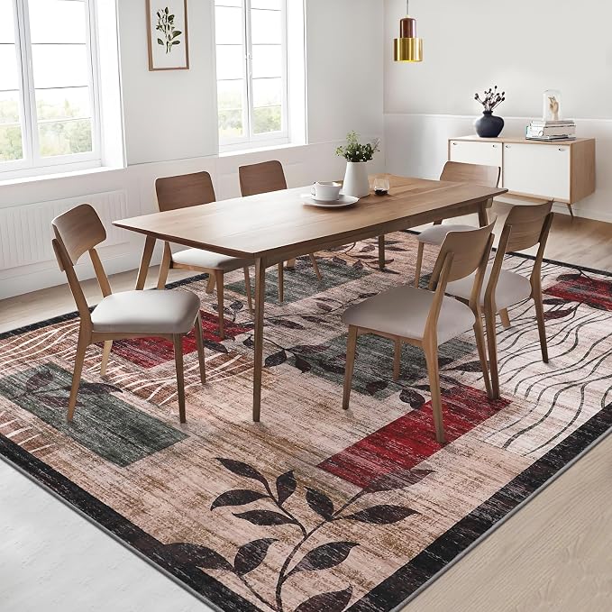 GarveeHome Washable 5x7 Rug Modern Geometric Floral Rug Machine Washable Non-Slip Carpets for Living Room Bedroom Kitchen Dining Room, Low-Pile Non-Shedding Floor Carpet Brown Red 5x7