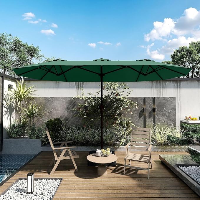 Kingdura 15ft Large Patio Umbrella with Base Included, Double-Sided Rectangle Outdoor Table Umbrella with 12 Reinforced Ribs, Crank Lift for Market Pool Deck Backyard, Dark green