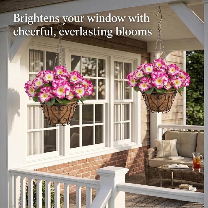 2 Pack Artificial Geraniums Flowers with Hanging Baskets,UV Resistant Silk Faux Geranium Flowers with Hanging Planters for Outdoor Patio Balcony Porch Garden Home Decor (Gradient Rose Red)