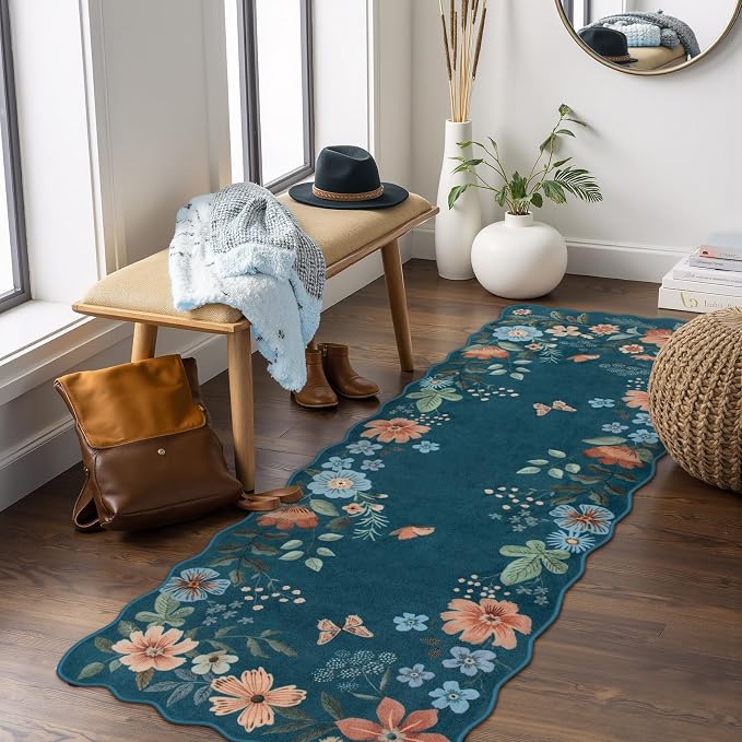 Lahome Floral Washable Runners for Hallways, 2x5 Soft Kitchen Runner Rug | Ultra-Thin Non-Slip Stain Resistant Boho Low-Pile Carpet Runner for Bathroom Bedroom Flore (2x5ft, Navy Blue)