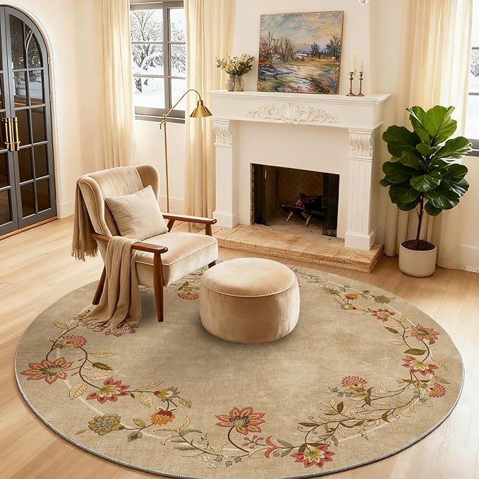 Washable Bedroom Round Rug 4ft: Living Room Circle Rug Stain Resistant Non Slip Low Pile Soft Faux Wool Small Area Rugs for Bedroom Kitchen Bathroom Entryway Kids Room Entrance Nursery Dorm Office
