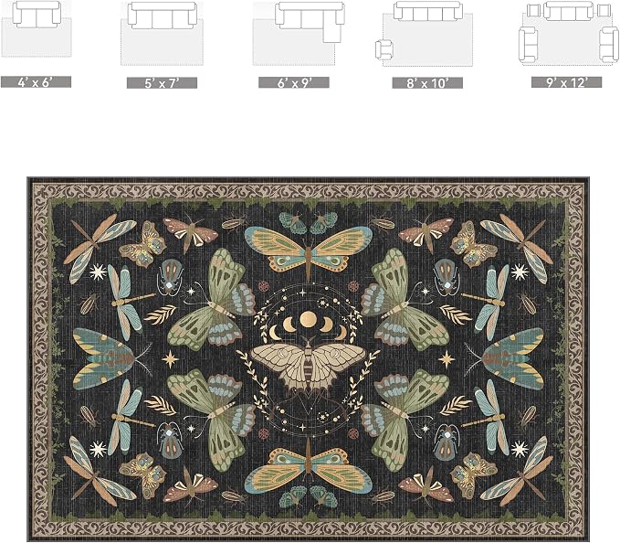 Dark Academia Gothic Black Area Rug 8x10 - Moth Carpet with Fantasy Design, Luxurious Machine Washable Non-Slip Rug for Living Room, Bedroom.