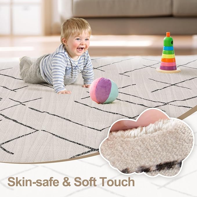 kakania Washable 5x7 Area Rug for Living Room: Boho Geometry Home Decor | Soft Stain Resistant, Low-Pile, Non-Slip, Pet & Kid Friendly, Thin Rug for Bedroom/Dining Room/Kids Dorm - Beige