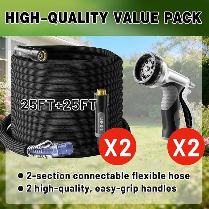 Aheroi Garden Hose 50FT, Flexible Garden Hoses Duo Mode Patented Kink-Free Water Hose with 10 Spray Nozzle, Lightweight Non-Expanding Waterhose for Outside Garden,High-Pressure&Wear-Resistant