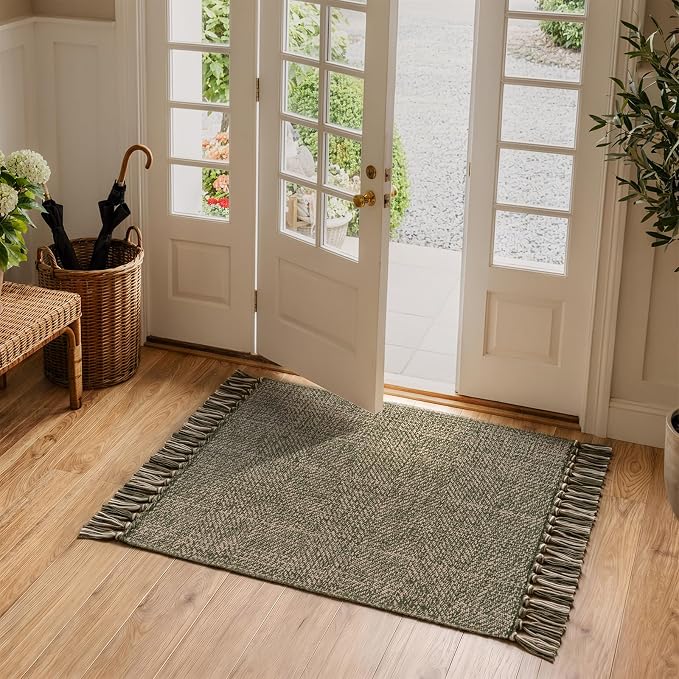 Boho Moss Green Kitchen Runner Rug, 2' x 4.3' Washable Bathroom Rug | Modern Farmhouse Braided Bathroom Mat, Boho Washable Front Door Mats Reversible Entry Carpet for Laundry Bedroom Porch Decor