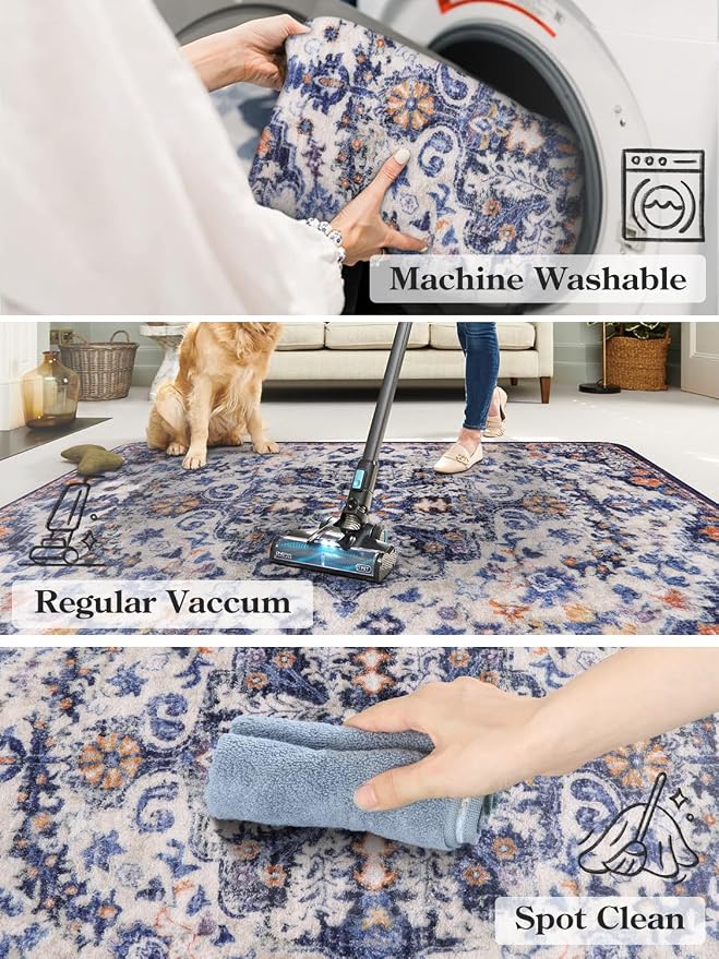 Lahome Reine Bohemian Round Rug 3Ft Small Bedroom Round Area Rug Soft Bathroom Circle Mat, Vintage Washable Non Slip Low Pile Indoor Floor Carpet for Kitchen Laundry Entryway, Blue Purple/Multi