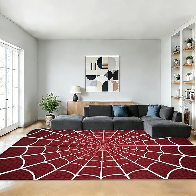 Red Spider Web Area Rugs for Living Room 5x7,Halloween Spiderweb Bedroom Rug Washable Non-Slip Soft Floor Big Carpets for Dining Room Nursery,Kids Home Decor Aesthetic