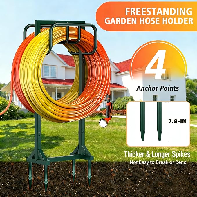 HeroicLion Garden Hose Holder Holds 2 x 160FT Hoses, Super Stable Water Hose Holders with 4 Spikes, Rustproof Freestanding Hose Stand Hanger Garden Hose Storage for Outside Yard Lawn Farm, Green