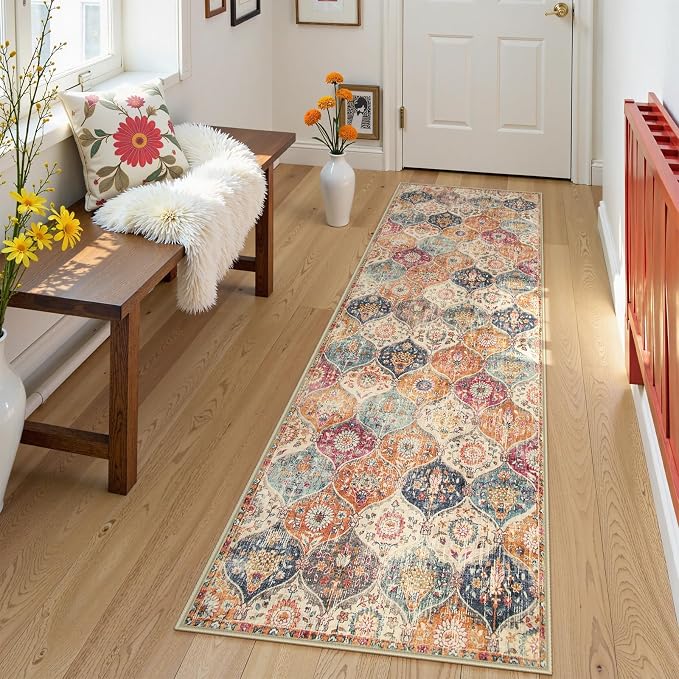 Lahome Moroccan Trellis Washable Runner Rug, 2x6 Kitchen Runners for Hallways 6 Feet Non Slip, Vintage Laundry Room Rug Ultra-Thin Carpet for Bathroom Bedroom Entryway Elise, Cream/Multi