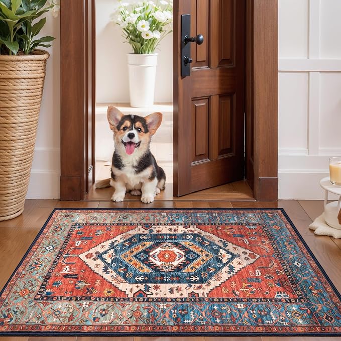 SERISSA 2x3 Washable Non Slip Boho Small Area Rug for Entryway，Rust | Ultra Soft Vintage Oriental Carpet Low-Pile Tribal Indoor Mat Floor Carpet for Bedroom Kitchen Bathroom Entrance Floor