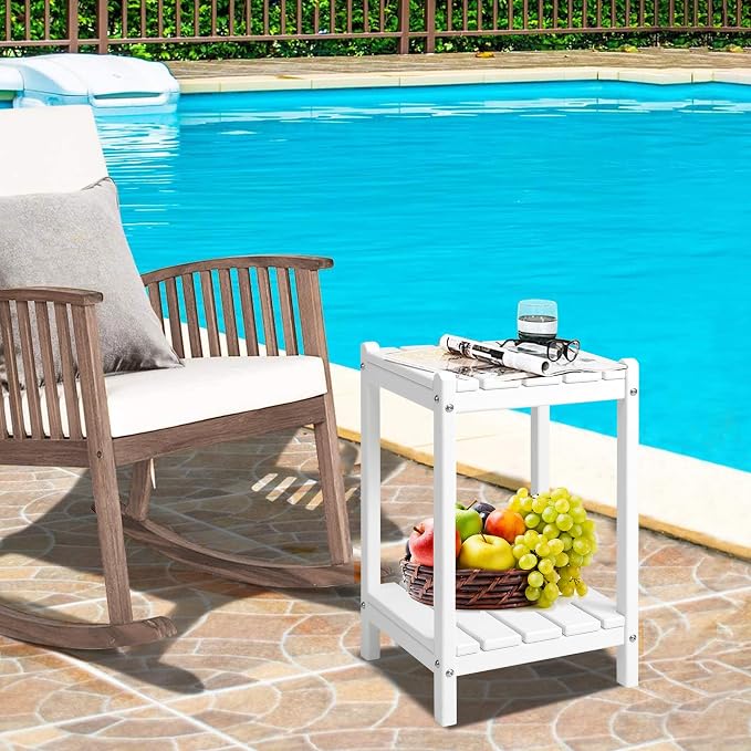 LZRS 24" Double Adirondack Outdoor Side Table, Pool Composite Patio Table,HDPE End Tables for Backyard,Pool, Indoor Companion, Easy Maintenance & Weather Resistant(White)
