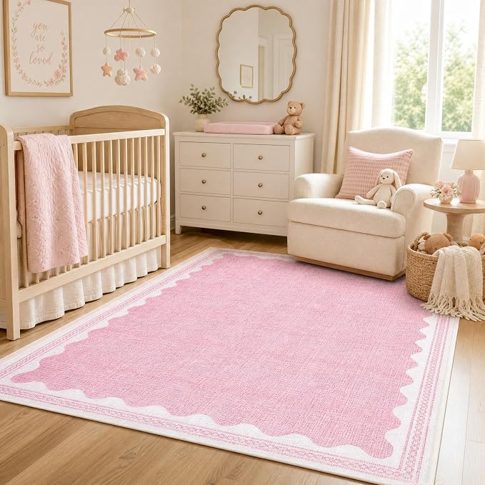 GarveeHome Washable Rugs 5x7 Area Rug for Living Room, Scalloped 5 x 7 Rug Solid Pink Modern Minimalism Low-Pile Carpet for Bedroom Dining Nursery Non Slip Mat with Rubber Back