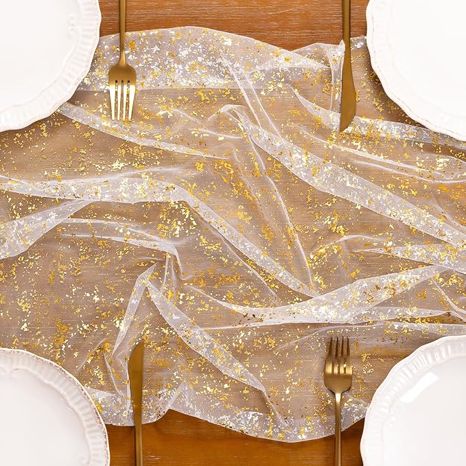 Socomi Gold Table Runner Gauze Tulle Ivory White Sheer Glitter Metallic Foil Chiffon Cheesecloth Sequin 10FT Wedding Birthday Party Dining Anniversary Holiday Centerpiece Table Decor