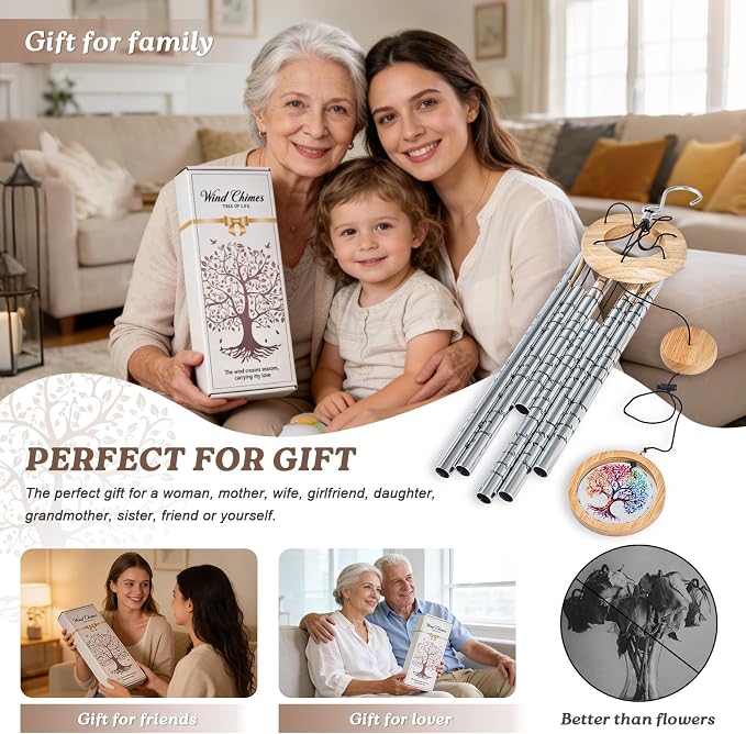 Memorial Wind Chimes for Outside 34" Tree of Life Wind Chime Outdoor for Garden Porch Decor Memorial Bereavement Sympathy Gift for Loss of Loved One Mom Dad Grandpa Grandma Friends