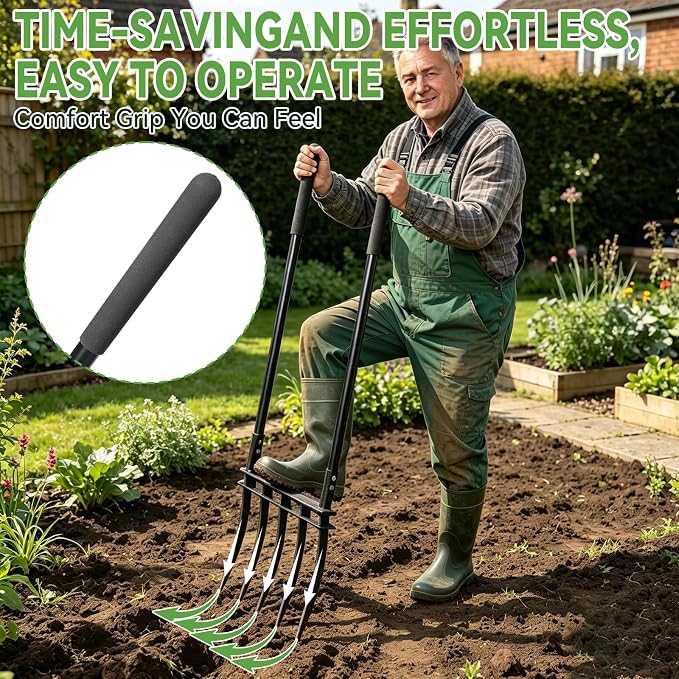 Broadfork Garden Tool, Heavy Duty 5-Tine Hand Tiller with 12" Sharp Tines and 2" Wide Foot Bar, Steel Soil Aerator Digging Fork for Loosening Compacted Soil, Garden Beds, Lawn and Yard