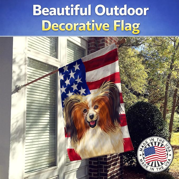 Caroline's Treasures CK6642CHF Phalene Dog American Flag House Flag Large Porch Sleeve Pole Decorative Outside Yard Banner Artwork Wall Hanging, Polyester, House Size, Multicolor
