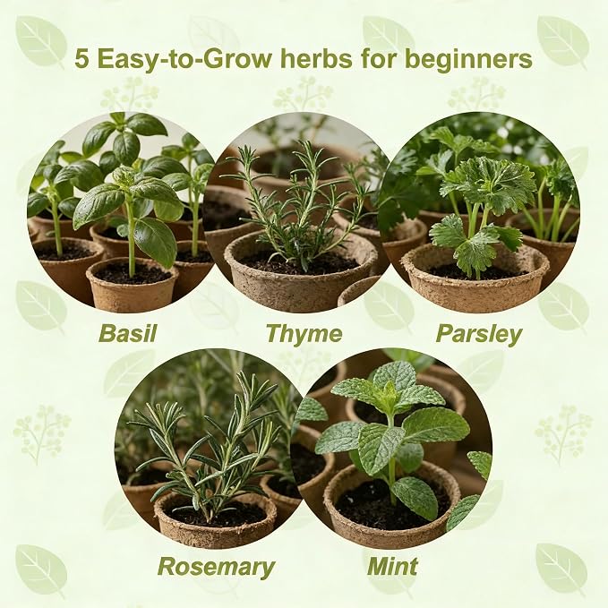 5 Herb Garden Kit with Wooden Box – Basil, Thyme, Parsley, Rosemary, Mint – Windowsill Herb Garden for Kitchen – Mother’s Day Gift for Mom, Gardening Gift for Women – Birthday Housewarming