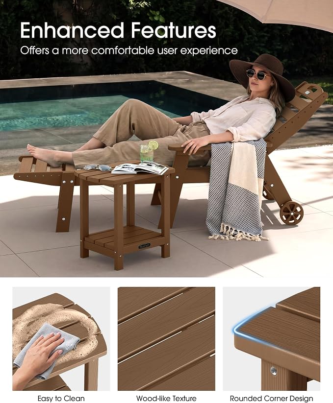 Outdoor Side Table, 2-Tier HDPE Small Outdoor Table, Adirondack Side Tables, Outside End Tables for Patio, Porch, Deck, Pool, Weather Resistant (Brown)