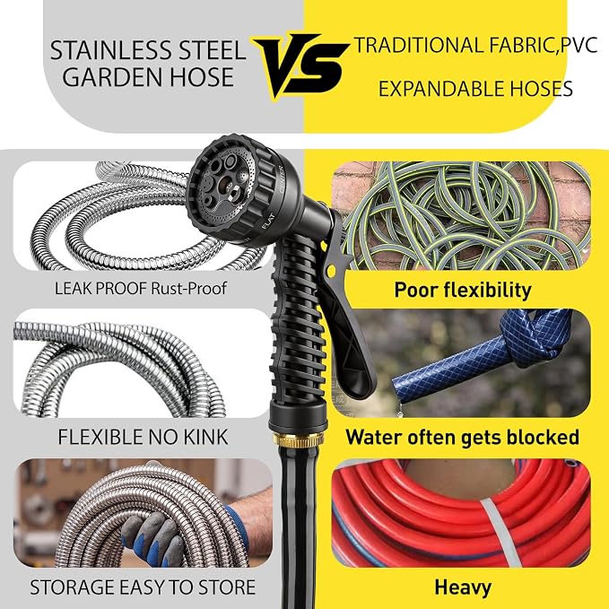 100ft Metal Garden Hose,Heavy Duty Stainless Steel Flexible Water Hose And Reel,10-Function Spray Nozzle Rust Proof for Yard,Outdoor,RV,Pet Bath