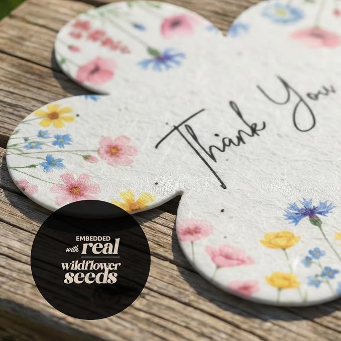 48Pcs Plantable Flower Thank You Tags with Wildflower Seeds - 4 Floral Designs (12 Each), Writable Favor Tags for Birthdays, Weddings, Bridal Shower, Mom Gifts, Party Favors & Gift Wrapping