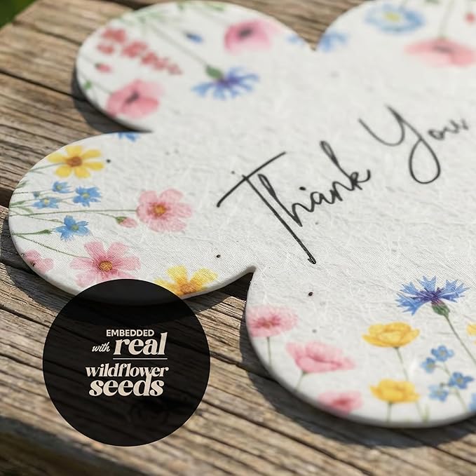 24Pcs Plantable Flower Thank You Tags with Wildflower Seeds - 4 Floral Designs (6 Each) Writable Favor Tags for Birthdays, Weddings, Bridal Shower, Mom Gifts, Party Favors & Gift Wrapping