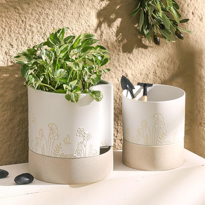 Nihow Self Watering Pots for Indoor Plants,8 Inch,White & Nature | Hand Painting,Ceramic Planter, Drainage Hole & Water Storage Plus, Cylinder Round Flower Pot, For Succulent/Herbs/Violets