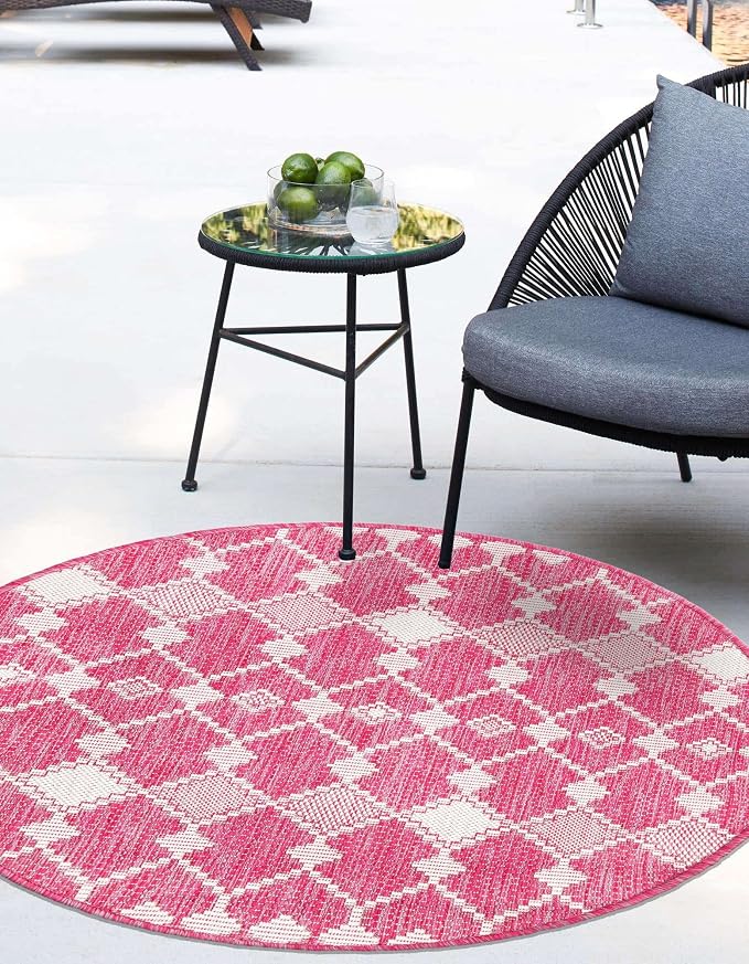 Unique Loom Outdoor Trellis Collection Area Rug - Traliccio (3' Round, Magenta/ Ivory)
