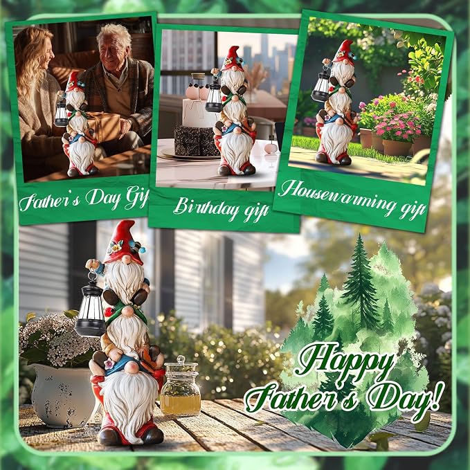 twinbling 17 in Large Garden Gnome Statue with Solar Lights | Sculptures Funny Triple Big Gnome Outdoor Patio Lawn Yard Balcony Garden Home Decor Gifts for Women Mom Mothers Day Gifts