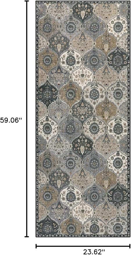 Lahome Moroccan Kitchen Runner, 2x5 Washable Runners for Hallways Non Slip | Soft Hallways Rug Ultra-Thin Vintage Trellis Long Carpet for Bedroom Bathroom Elise, Grey