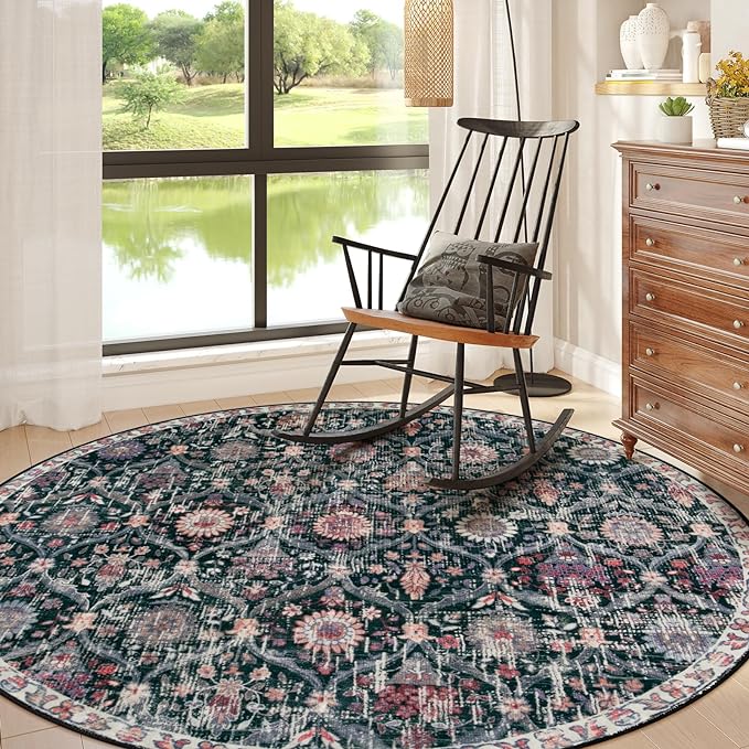 Lahome Moroccan Washable Round Area Rug, Soft Round Rug 5ft Soft Non-Slip | Trellis Non-Shedding Distressed Circle Carpet for Bedroom Living Room Bathroom Nursery Kitchen Elise, Black Multi
