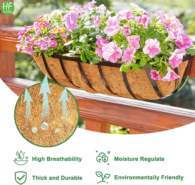 HFHOME 4 Pcs 24" Railing Planter Box, Window Box with Horse Trough Coco Liners, Black Metal Deck Hanging Flower Planters Baskets for Indoor, Outdoor, Balcony, Porch, Fence, Patio, and Lawn