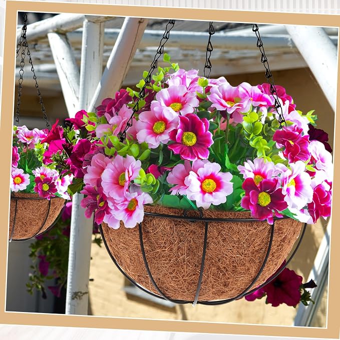 Dandat 1 Piece 10 Inch Metal Hanging Planter Basket with Coconut Coir Liner Metal Wire Plant Holder Chain Watering Outdoor Hanging Pots Flower Pot Hanger for Porch Indoor Outdoor Garden Decorations