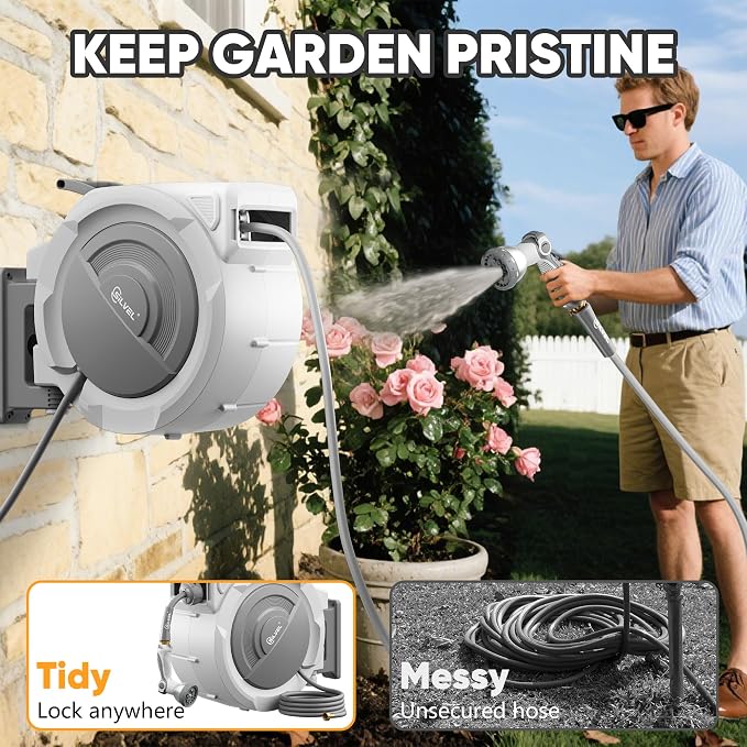 Retractable Garden Hose Reel, 1/2" x 150FT Heavy Duty Auto Hose Reel Wall Mounted, Upgraded UV Resistant with 10 Pattern Nozzle, Any Length Lock & Slow Return System,180°Swivel Bracket,Light Grey